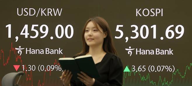 10일 서울 중구 하나은행 본점 딜링룸 전광판에 종가가 표시돼 있다. 이날 코스피는 전 거래일 대비 3.65포인트(0.07%) 오른 5,301.69, 코스닥은 12.35포인트(1.10%) 내린 1,115.20에 장을 마쳤다. 사진=문경덕 기자