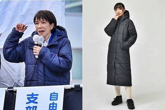 다카이치 사나에(왼쪽) 일본 총리가 총선 유세 기간 입은 패딩이 일본 스포츠용품점이 운영하는 브랜드 '티고라'(TIGORA)의 패딩으로 특정됐다./사진=트위터, 알펜 홈페이지