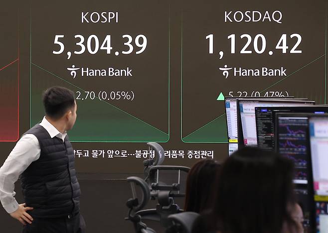 국내 증시가 롤러코스터 장세를 연출하는 가운데 올해들어 기록적인 순매수세를 나타냈던 개인투자자들이 잠시 ‘숨고르기’에 돌입한 것으로 분석된다. 사진은 11일 서울 중구 하나은행 본점 딜링룸 현황판에 코스피 지수와 코스닥 지수가 나란히 표시돼 있는 모습.  [연합]