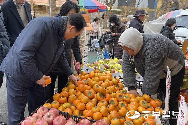 10일 오색시장의 한 과일가게에서 이권재 오산시장이 감을 고르고 있다. 김이래 기자