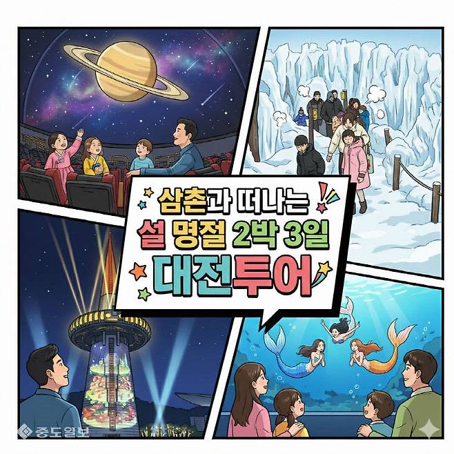 삼촌과 함께 떠나는 설 명절 대전 투어 (왼쪽 상단부터 시계방향) 국립중앙과학관 천체관, 상소동얼음동산, 한빛탑미디어파사드,엑스포아쿠아리움 (Ai 제미나이 생성 이미지) 금상진 기자
