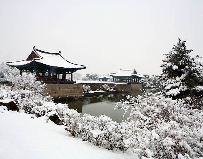 동궁과 월지에 내린 눈이 연못과 누각을 하얗게 덮으며 겨울 고도 경주의 고즈넉한 풍경을 연출하고 있다. /경주시 제공