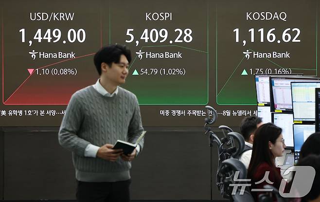12일 서울 중구 하나은행 딜링룸 전광판에 코스피 등 시황이 표시되고 있다. 이날 코스피는 전 거래일 대비 70.90p(1.32%) 상승한 5425.39, 코스닥은 7.68p(0.69%) 상승한 1122.55에 거래를 시작했다. 2026.2.12 ⓒ 뉴스1 김도우 기자