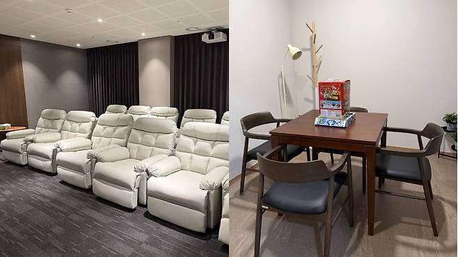 KB 골든라이프케어 평창 카운티의 영화관(왼쪽)과 보드게임 프로그램실. /김보연 기자