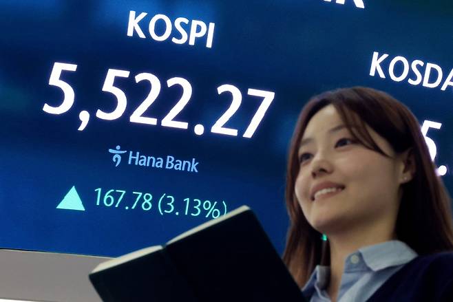 서울 중구 하나은행 딜링룸 전광판에 종가가 표시되고 있다. /사진=뉴스1