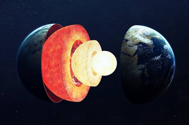 지구는 암석과 물로 구성된 지표면, 맨틀, 액체 형태의 외핵, 고체 내핵으로 구성돼 있다. 과학자들이 고체 금속으로 된 내핵에는 엄청난 양의 수소가 저장돼 있다는 사실을 밝혀냈다. 미국 항공우주국(NASA) 제공