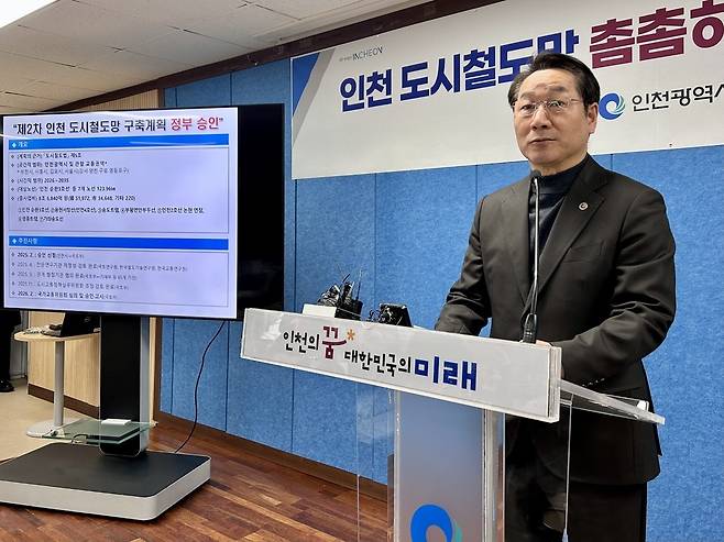 ▲ 유정복 인천시장이 13일 시청 브리핑룸에서 '제2차 인천 도시철도망 구축계획(2026~2035)' 반영 결과를 발표하고 있다.