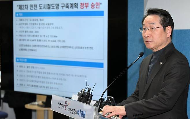 유정복 인천시장이 13일 시청 브리핑룸에서 인천 순환3호선 등 7개 노선이 반영된 '제2차 인천 도시철도망 구축계획’ 국토교통부 최종 승인 관련 기자회견을 하고 있다. 인천세 제공.