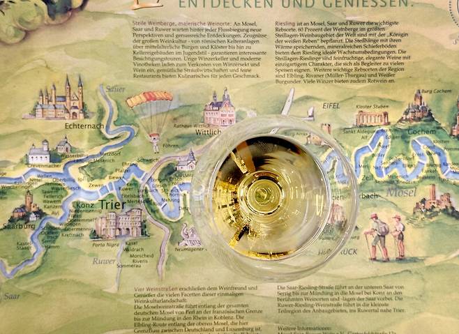 모젤 지역의 와이너리 지도와 리슬링 와인. 박미향 기자
