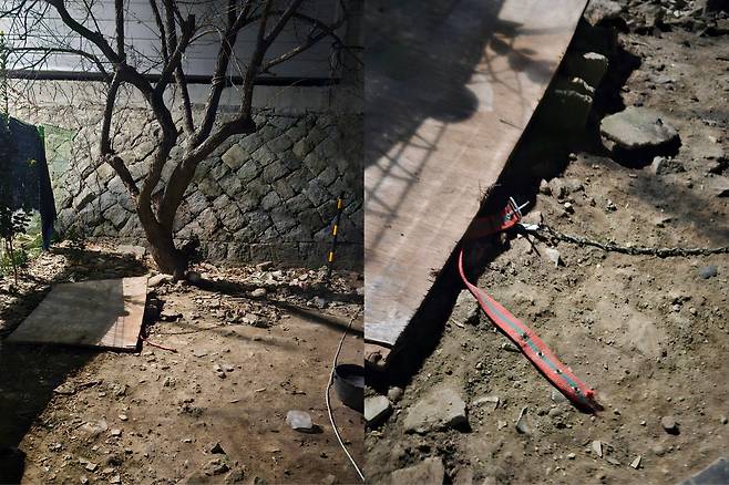 농어촌공사 익산지사 황등지소 건물 뒤편, 끊겨 있는 강아지 목줄 (사진 제공: 동물구조단체 위액트)