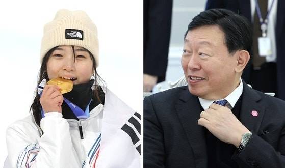 최가온과 신동빈 롯데그룹 회장. [연합뉴스]