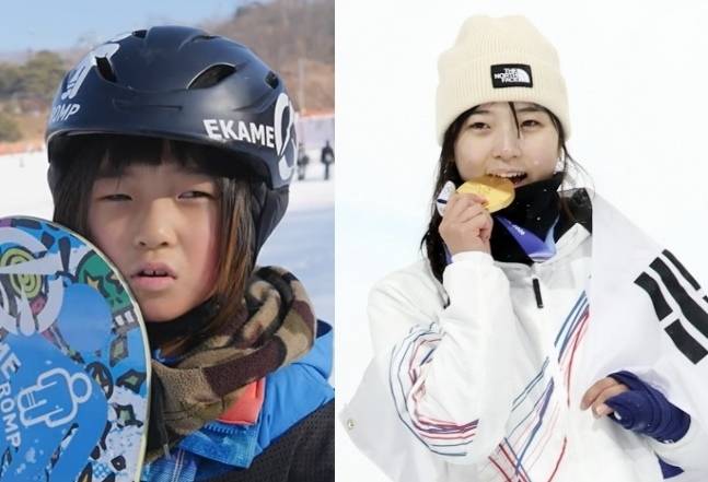 12일(현지시간) 이탈리아 리비뇨 스노파크에서 열린 2026 밀라노·코르티나담페초 동계올림픽 스노보드 여자 하프파이프 결선에서 90.25점을 받아 금메달을 획득한 스노보드 최가온이 금메달을 깨물며 기뻐하고 있다.(오른쪽) 왼쪽은 최가온이 8세이던 2017년 1월 SBS ‘순간포착 세상에 이런 일이’에 출연한 장면. 자료 : 유튜브 ‘우와한 비디오’·뉴스1