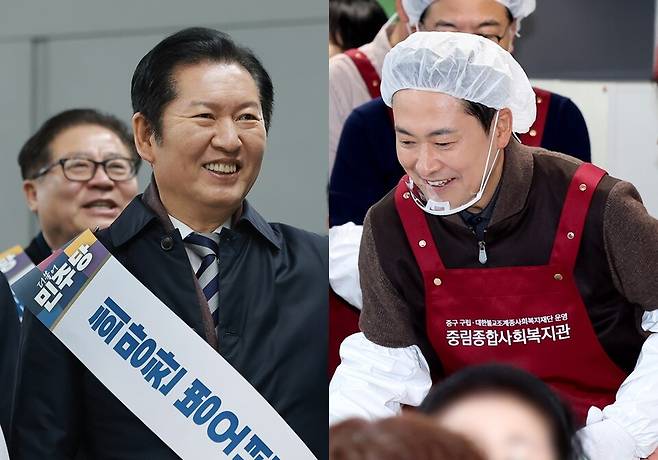 왼쪽은 정청래 대표를 비롯한 더불어민주당 지도부가 13일 서울 용산역에서 귀성 인사를 하고 있는 모습이다. 오른쪽은 장동혁 대표와 국민의힘 인사들이 같은 날 서울 중구 중림종합사회복지관에서 설맞이 배식 봉사활동을 하고 있는 모습이다. ⓒ연합뉴스