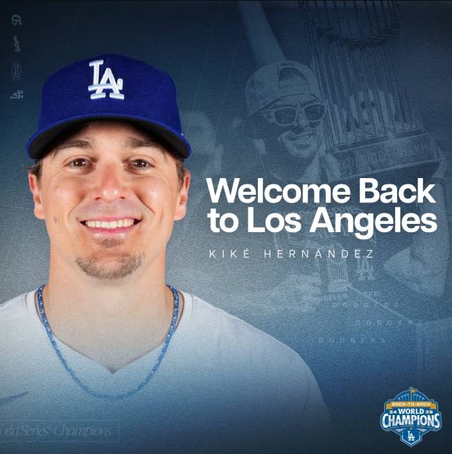 ▲ LA 다저스가 키케 에르난데스와 재계약을 공식 발표했다. ⓒLA다저스 SNS