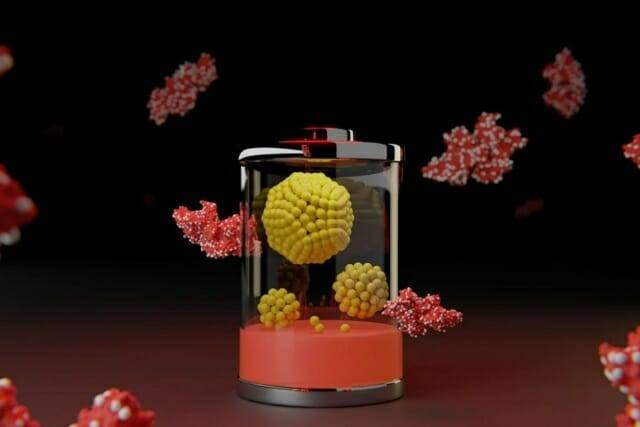 새로운 배터리 기술을 상징적으로 표현한 이미지. 단백질(빨간색)은 미세한 금속(은색) 덩어리를 붙잡고 있다.  중앙 구조에 있는 각각의 노란색 공은 니켈 또는 철 원자 하나를 나타낸다. (사진=UCLA)