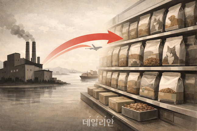 수입산 점유율 80%에 이르는 국내 펫사료 시장 구조와 무역 적자 현실을 형상화한 이미지. ⓒ챗지피티