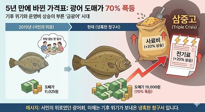 5년 만에 바뀐 가격표: 광어 도매가 70% 폭등. 제미나이 생성 그래픽