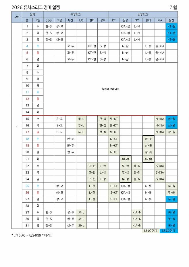 2026 KBO 퓨처스리그 경기 일정. /표=KBO 제공