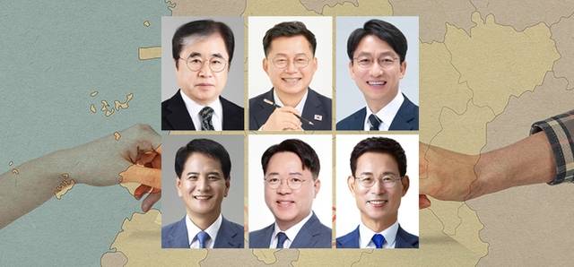 왼쪽 위부터 시계 방향으로 박경철 전 익산시장, 심보균 전 행정안전부 차관, 임형택 조국혁신당 익산시지역위원장, 조용식 전 전북경찰청장, 최병관 전 전북특별자치도 행정부지사, 최정호 전 국토교통부 차관.