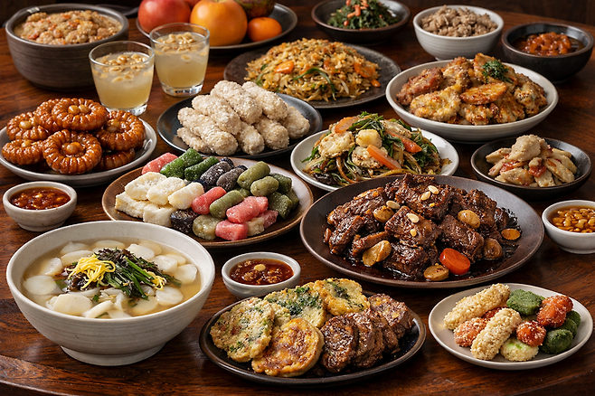 설 명절 먹게 되는 고칼로리 음식들. AI 이미지 생성