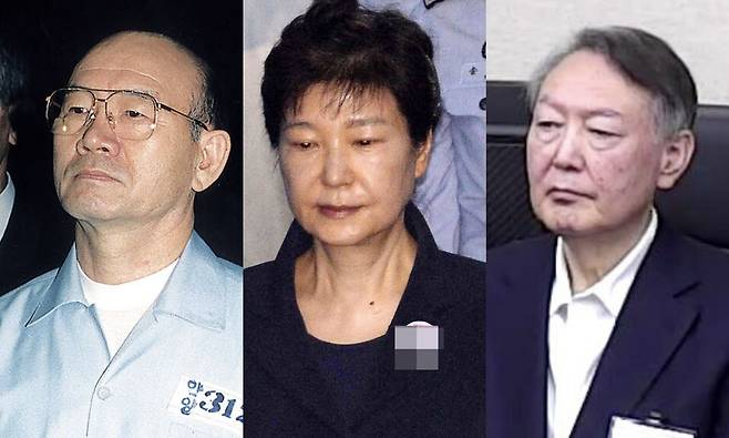 전두환(왼쪽)씨, 박근혜(가운데)·윤석열(오른쪽) 전 대통령. 한겨레자료사진, 연합뉴스, 서울중앙지법 제공