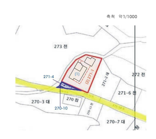 경매에 나온 양평의 단독주택 관련 필지 관련 내용. 파란색이 이번 경매에서 빠진 부분임. [지지옥션 제공]