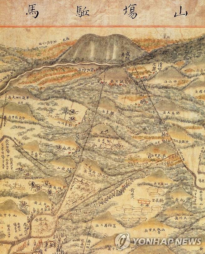 산장구마에 나타난 가시리 (서귀포=연합뉴스) 조선시대 탐라순력도(보물 제652-6호) 중 하나인 '산장구마(山場驅馬)'. 1702년(숙종 28년) 이형상 목사가 말을 점검하는 그림인 산장구마에는 가시리의 녹산장이 가장 중요한 제주마 목장으로 그려져 있다. [연합뉴스 자료사진]