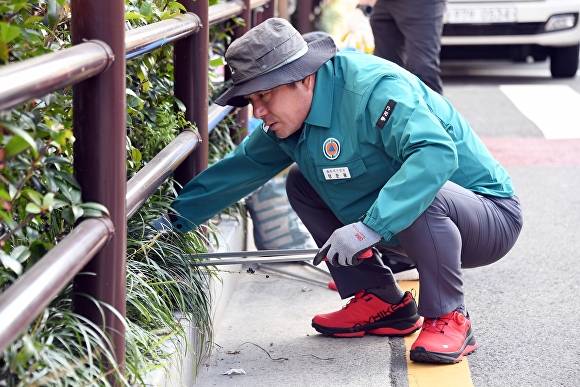 장준용 부산광역시 동래구청장이 화단청소를 진행하고 있다. [사진=부산광역시 동래구]