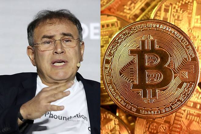 누리엘 루비니 뉴욕대 교수가 2019년 4월 4일 서울 중구 장충체육관에서 열린 분산경제포럼 토론에서 발언하고 있다. 오른쪽 사진은 암호화폐 비트코인을 동전으로 묘사한 이미지. 뉴시스, 로이터연합뉴스