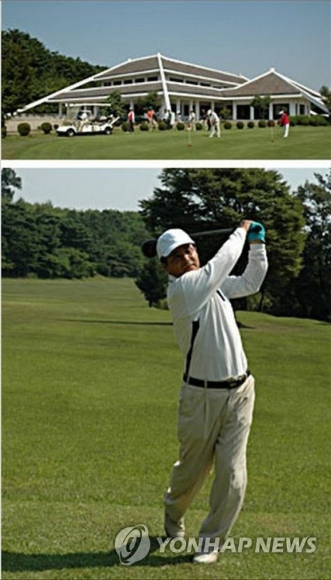 북한 골프장 클럽하우스(위)와 스윙하는 골퍼 모습 [연합뉴스 자료사진]