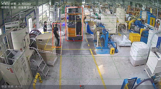 영역 내 작업자가 있을 때 지게차 진입여부 분석 및 지게차 속도 감지 기능 현장 모습 [어나더리얼]