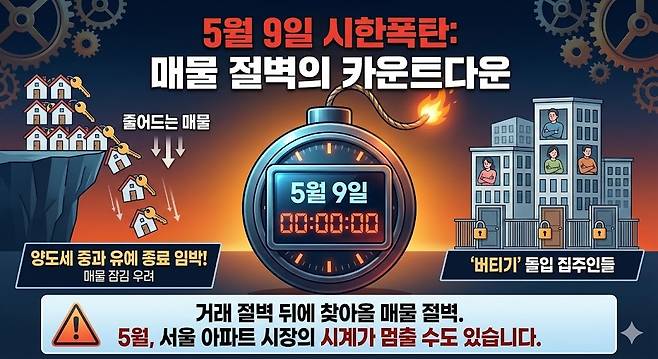 5월 9일 시한폭탄: 매물 절벽의 카운트다운. 제미나이 생성 그래픽