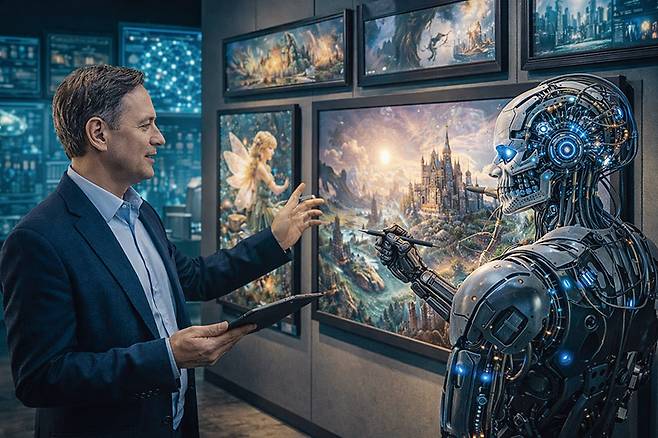 AI와 작품 투자를 두고 논의하는 컬렉터.[이미지 | OpenAI GPT 5.2]