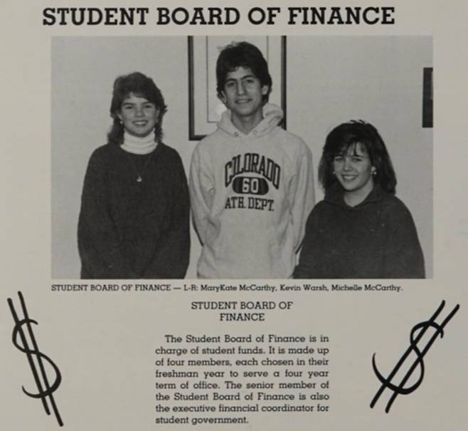 케빈 워시 고등학교 졸업 앨범 중 일부. 학생 금융 위원회 위원으로 활동했다는 기록이 남아 있다. /셰이커 고등학교