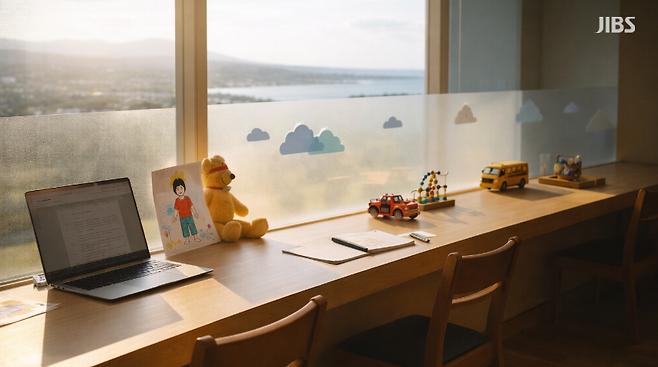 업무 공간에 놓인 아이의 흔적. 일과 돌봄의 공존을 상징한다.