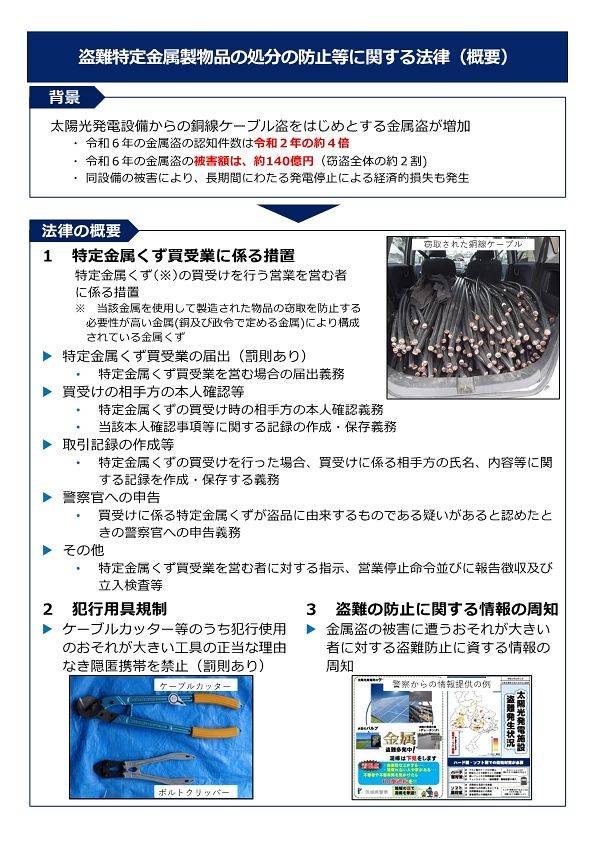 일본 경찰청이 공개한 '도난 특정 금속 제품의 처분 방지 등에 관한 법률' 홍보 게시물. 구리 등 금속 도난을 막기 위한 법으로, 금속 고철 매입 업자에게 신원 확인, 거래 기록 보존, 도구 소지 제한 등을 의무화하는 내용을 담고 있다. 사진 일본 경찰청