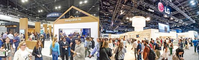 지난 17일(현지시간) 미국 플로리다주 올랜도에서 열린 북미 최대 주방·욕실 전시회 ‘KBIS 2026’를 찾은 관람객들이 삼성전자의 비스포크 AI 가전과 럭셔리 빌트인 ‘데이코’ 제품을 구경하고 있다. 오른쪽은 관람객들이 LG전자의 초프리미엄 주방 가전 브랜드 ‘SKS’ 제품을 살펴보는 모습. /삼성전자·LG전자 제공