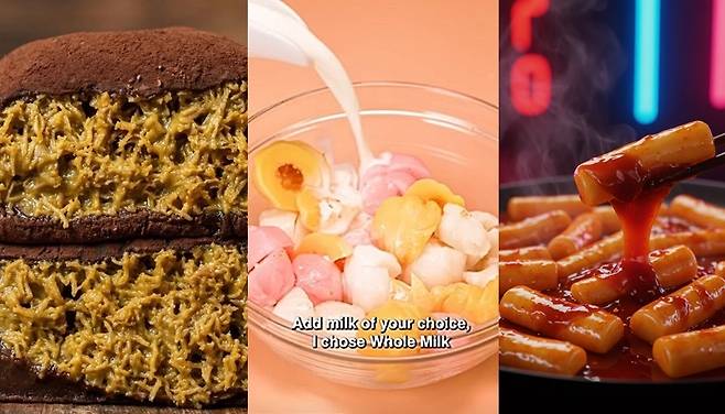 쫄깃한 식감을 가진 K-푸드가 글로벌 트렌드와 한류 영향으로 주목받고 있다. 왼쪽부터 두쫀쿠, 꿀떡 시리얼, 떡볶이.  [SNS 캡처]