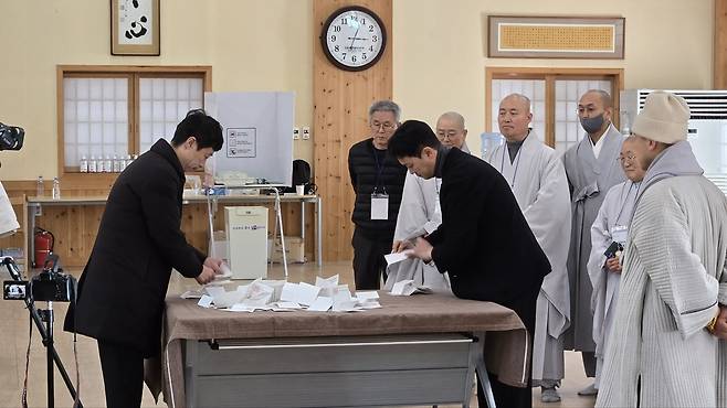 지난달 16일 열린 영천 은해사 주지 선출을 위한 산중총회에서 투표를 마친 뒤 개표하고 있다. /독자 제공