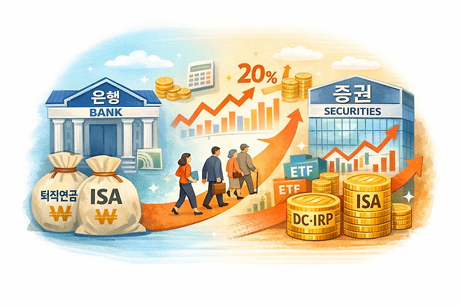 퇴직연금과 ISA 자금이 실물이전 제도와 20%대 수익률을 계기로 은행을 떠나 증권사로 이동하는 '2차 머니무브'가 본격화되고 있다. /ChatGPT로 생성