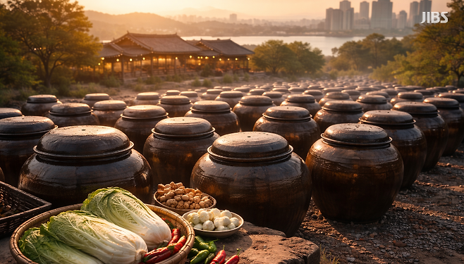 전통 발효 항아리에 담긴 김치가 익어가는 모습. 시간의 축적과 시장 변화의 흐름을 상징한다.