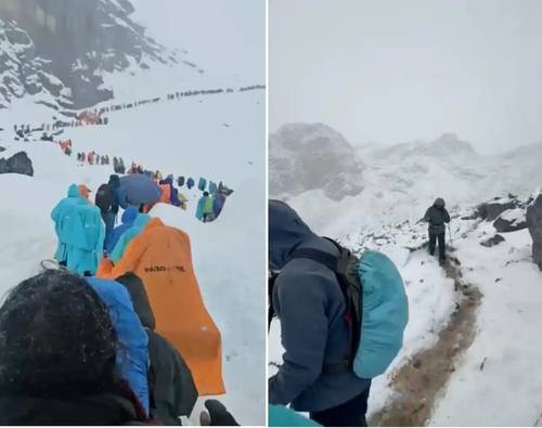 에베레스트산에 고립됐다가 대피하는 등산객들 [홍성신문 캡처=연합뉴스 제공]