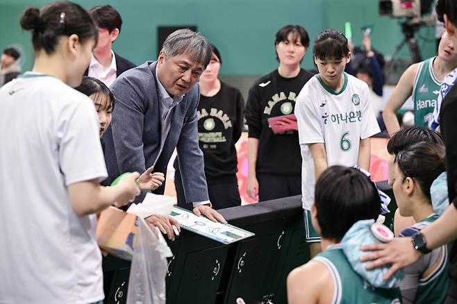 작전 지시하는 이상범 하나은행 감독 [WKBL 제공. 재판매 및 DB 금지]