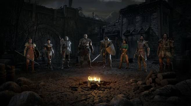 디아블로2 레저렉션에 신규 직업 악마술사(오른쪽에서 두 번째)가 추가됐다. 왼쪽부터 아마존, 어쌔신, 네크로맨서, 바바리안, 팔라딘, 소서리스, 악마술사, 드루이드. / 사진=스팀