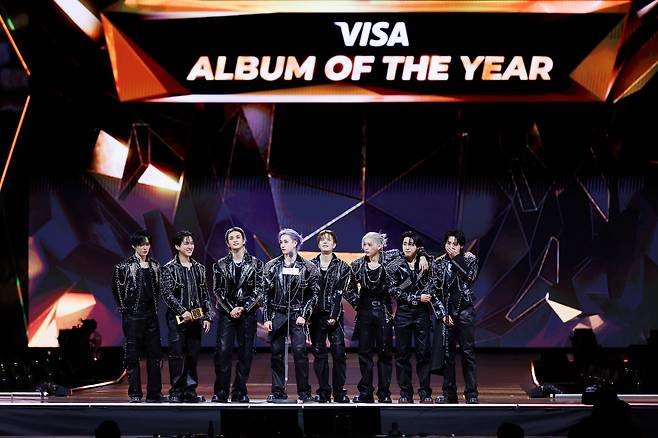 Boy band Stray Kids wins the Album of the Year award at the 2025 MAMA Awards in Hong Kong on Nov. 29, 2025. [CJ ENM]