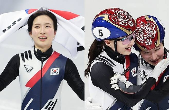 김길리(왼쪽), 김길리에게 축하를 건네는 최민정 [사진출처=연합뉴스/편집]