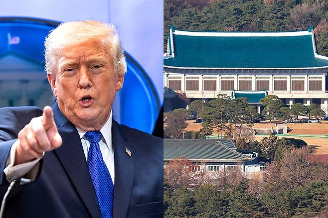 미국 연방대법원 관세 판결 뒤 20일 백악관서 기자회견하는 트럼프 대통령(왼쪽), 청와대 전경. 연합뉴스