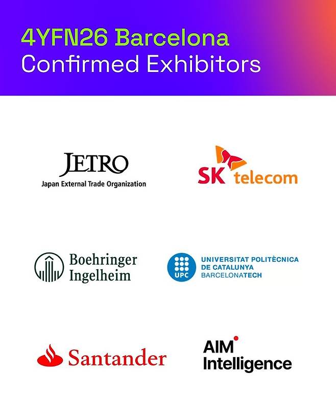 4YFN 2026 공식 라인업에 이름을 올린 SK텔레콤이 JETRO, 산탄데르 등 글로벌 기업·기관과 나란히 전시 확정 소식을 알리고 있다. (사진=4YFN)