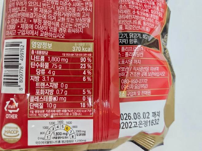 영양정보 표기. 총 내용량 111g, 열량 370kcal, 나트륨 1800mg 수준이다. (사진=한전진 기자)