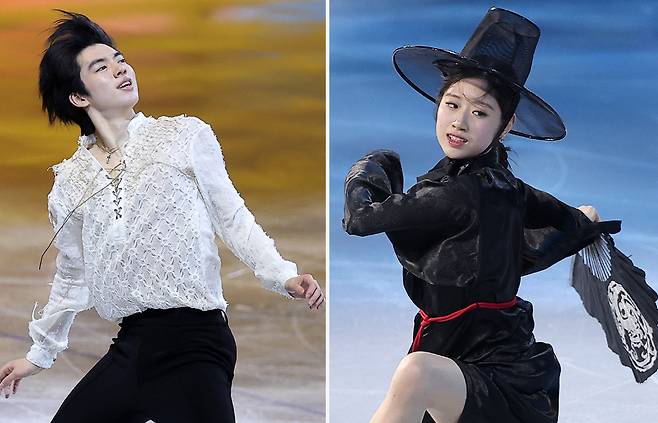 차준환(왼쪽)·이해인이 22일 열린 2026 밀라노-코르티나담페초 겨울올림픽 피겨스케이팅 갈라쇼에서 연기를 펼치고 있다. 밀라노=뉴스1